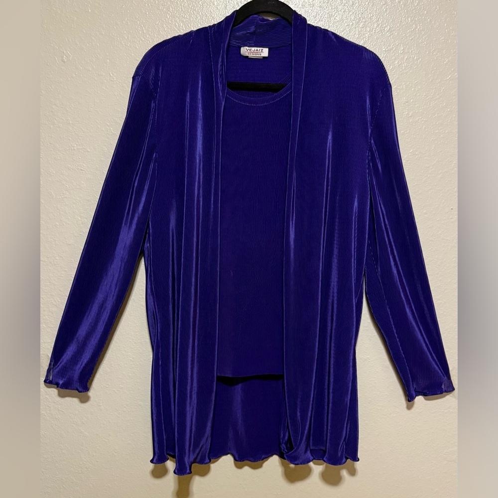 VeJaiz Purple Pleated Twin Set M | Shimmer Cardigan Cami Set Y2K Layering Outfit - Picture 2 of 4